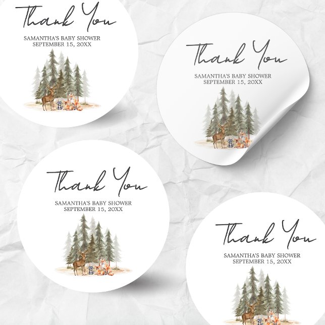 Adventure Begin Woodland Animals Baby Shower Classic Round Sticker (Let the Adventure Begin Woodland Animals Baby Shower Sticker)