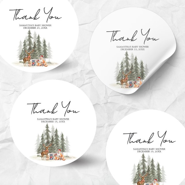Adventure Begin Woodland Winter Baby Shower  Classic Round Sticker (Adventure Awaits Baby Shower Sticker)