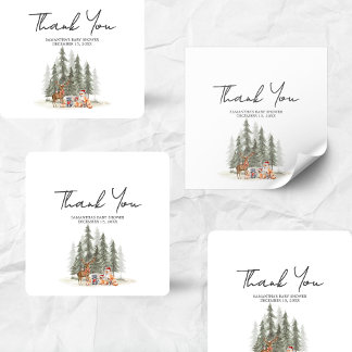 Adventure Begin Woodland Winter Baby Shower Square Sticker