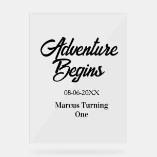 Adventure begins 1st birthday name date simple min acrylic sign