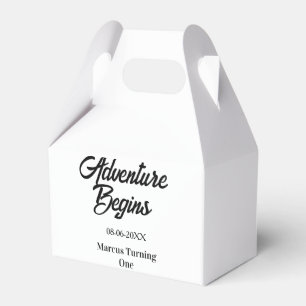 Adventure begins 1st birthday name date simple min favour box