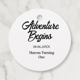 Adventure begins 1st birthday name date simple min favour tags