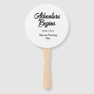 Adventure begins 1st birthday name date simple min hand fan