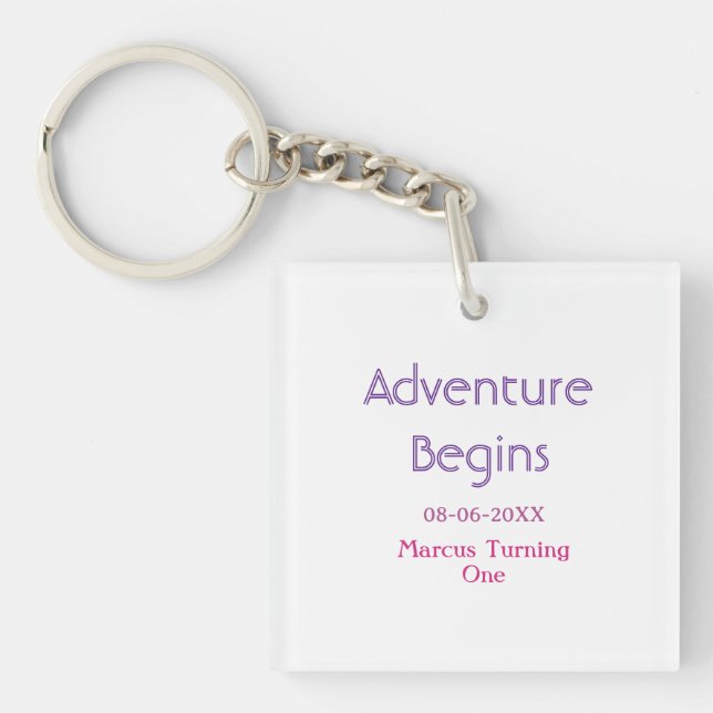 Adventure begins 1st birthday name date simple min key ring (Front)