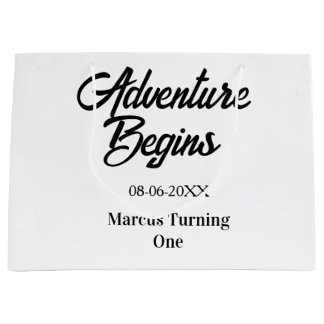 Adventure begins 1st birthday name date simple min large gift bag
