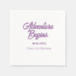 Adventure begins 1st birthday name date simple min napkin