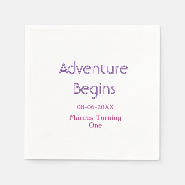 Adventure begins 1st birthday name date simple min napkin (Front)