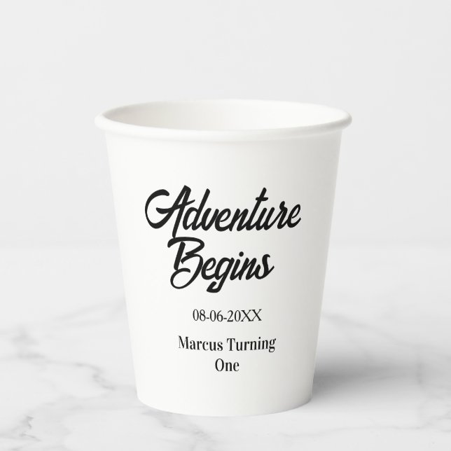 Adventure begins 1st birthday name date simple min paper cups (Front)