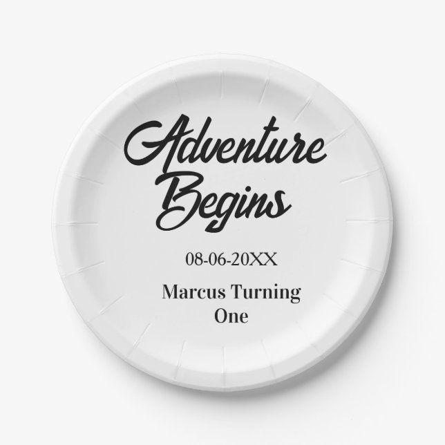 Adventure begins 1st birthday name date simple min paper plate (Front)