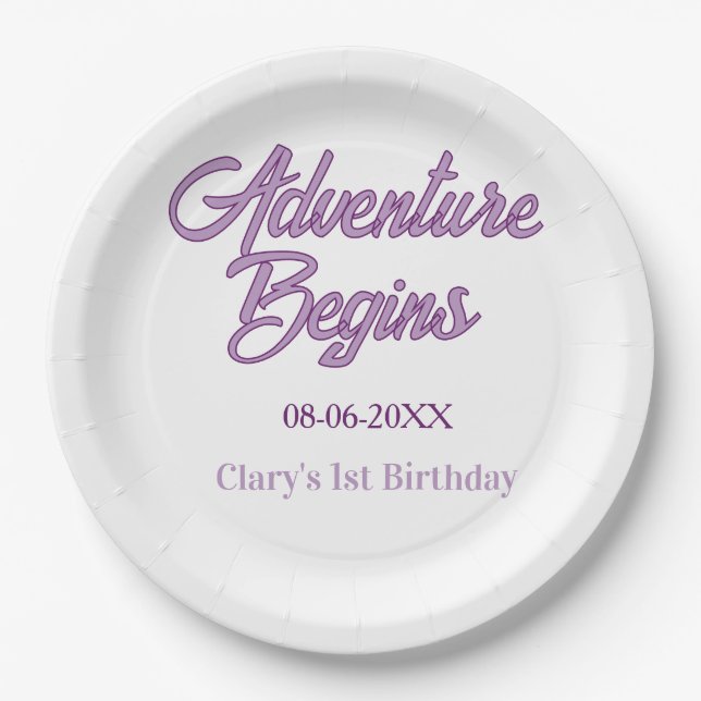 Adventure begins 1st birthday name date simple min paper plate (Front)