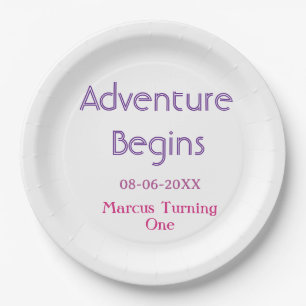Adventure begins 1st birthday name date simple min paper plate