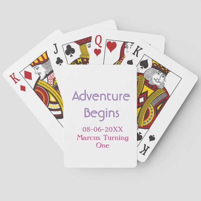 Adventure begins 1st birthday name date simple min playing cards (Back)