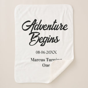 Adventure begins 1st birthday name date simple min sherpa blanket