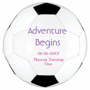Adventure begins 1st birthday name date simple min soccer ball