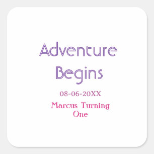 Adventure begins 1st birthday name date simple min square sticker