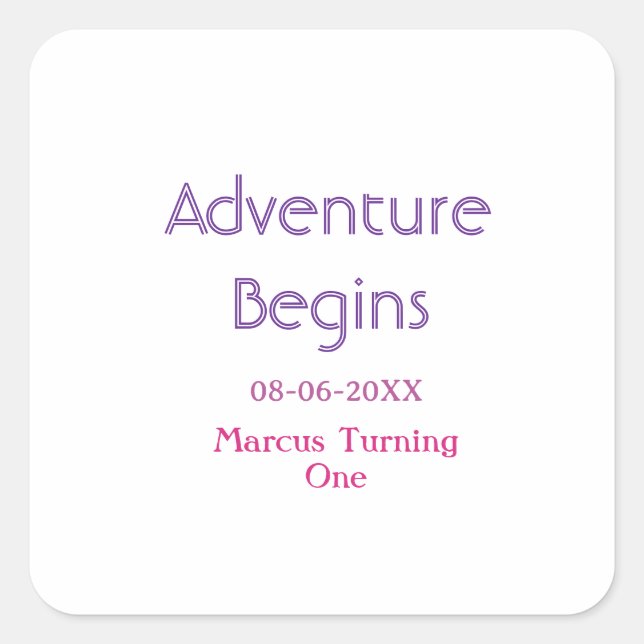 Adventure begins 1st birthday name date simple min square sticker (Front)