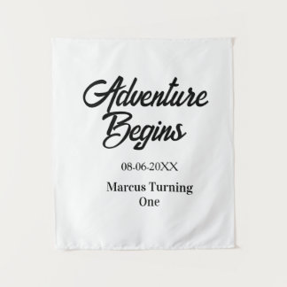 Adventure begins 1st birthday name date simple min tapestry