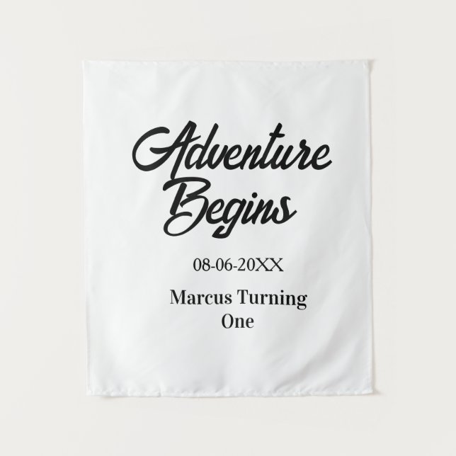 Adventure begins 1st birthday name date simple min tapestry (Front)