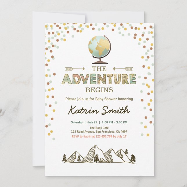 Adventure begins Baby shower invitation Globe map (Front)