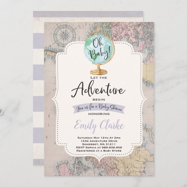 Adventure Begins Baby Shower Invitation Map Shower (Front/Back)