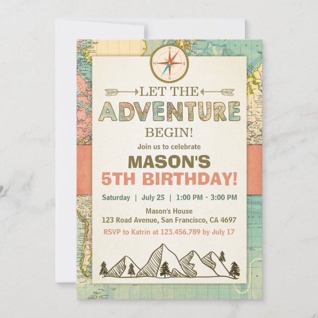 Adventure begins Birthday invitation Travel Map (Front)