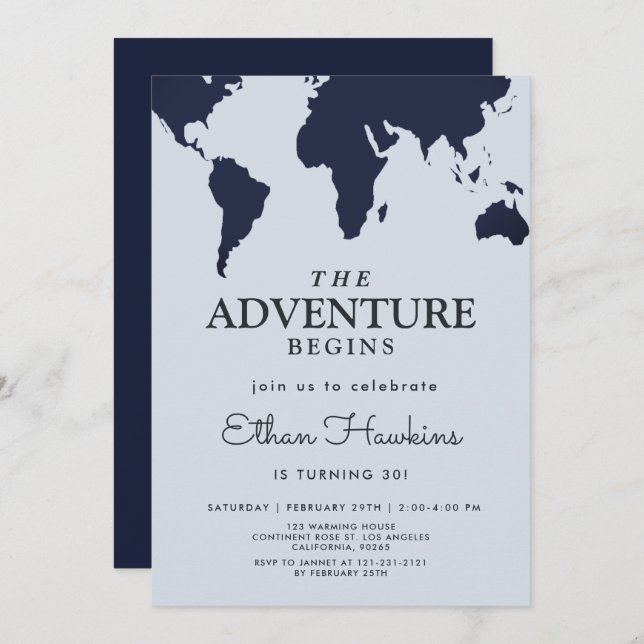 Adventure begins Birthday World Travel Map Explore Invitation (Front/Back)
