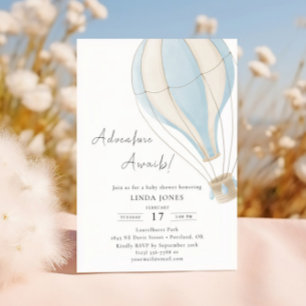 Adventure Begins Blue Hot Air Balloon Baby Shower Invitation