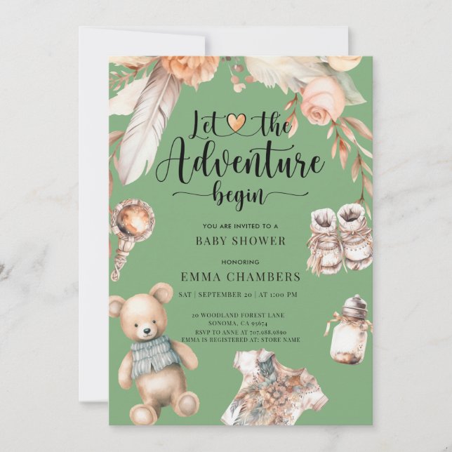 Adventure Begins Boho Baby Shower Green Invitation (Front)
