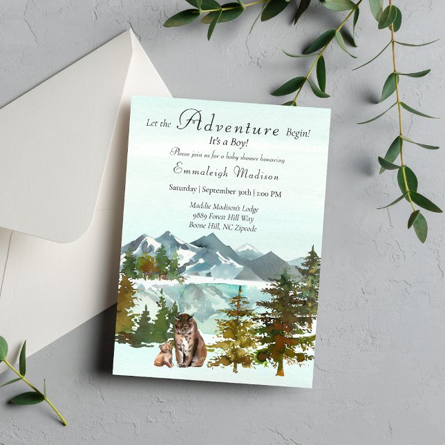 Adventure Begins Boy Lynx Rustic Baby Shower Invitation (Creator Uploaded)