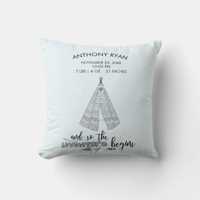 Adventure Begins Boys Baby Birth Stats Pillow (Front)