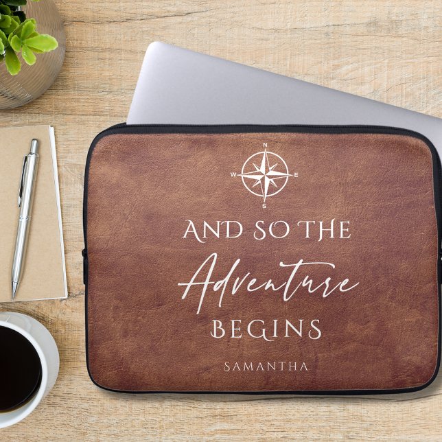 Adventure Begins Brown Leather Personalised Laptop Sleeve (Creator Uploaded)