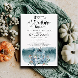 Adventure Begins Dusty Blue Pumpkin Baby Shower Invitation