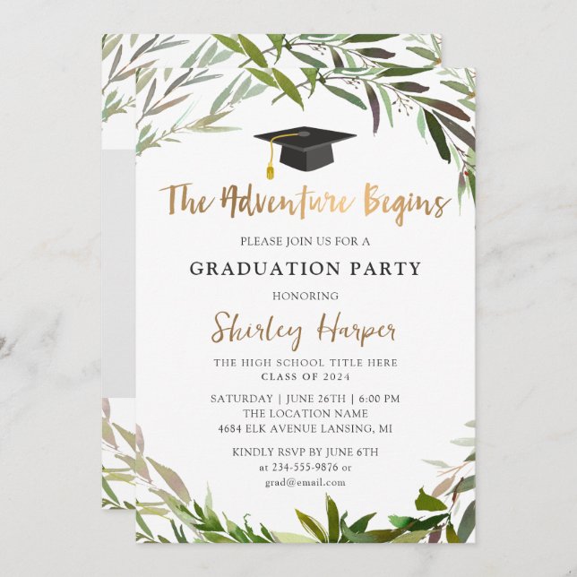 Adventure Begins Gold Script Greenery Graduation Invitation (Front/Back)