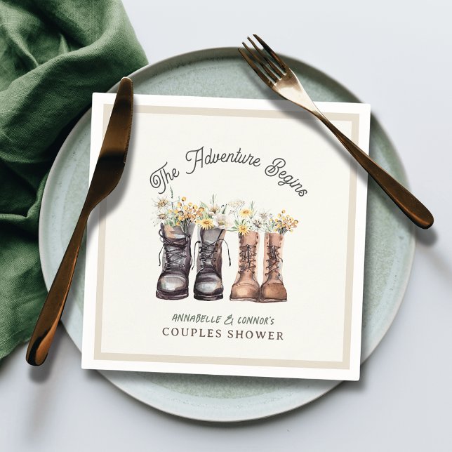 Adventure Begins Hiking Boots Couples Shower Napkin (Creator Uploaded)