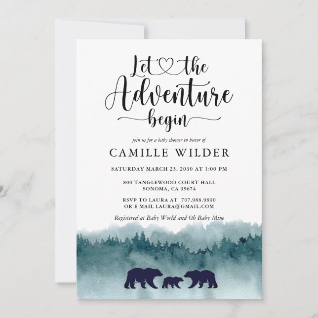 Adventure Begins Mountains Bears Baby Shower Invitation (Front)