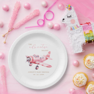 Adventure Begins Pink Aeroplane Girl Baby Shower Paper Plate