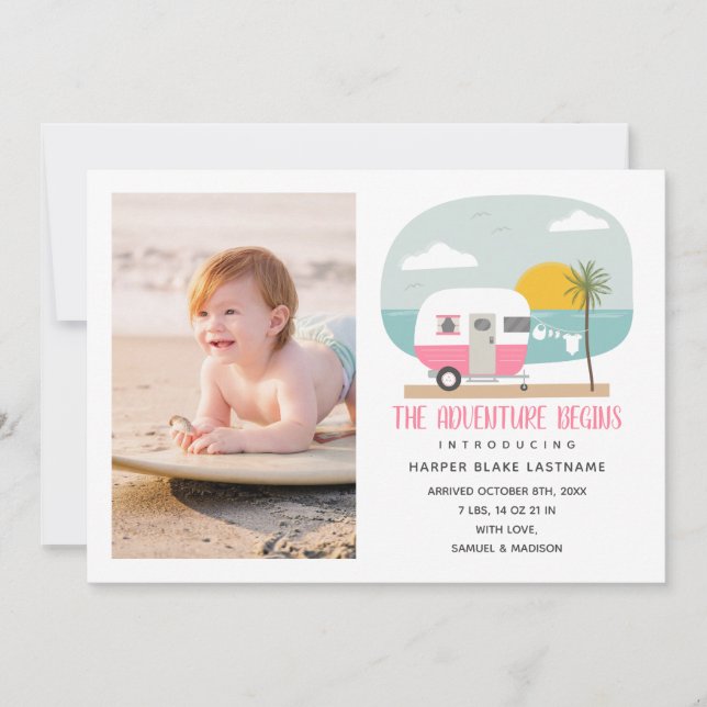 Adventure Begins Pink Beach Camper Baby Birth Announcement (Front)