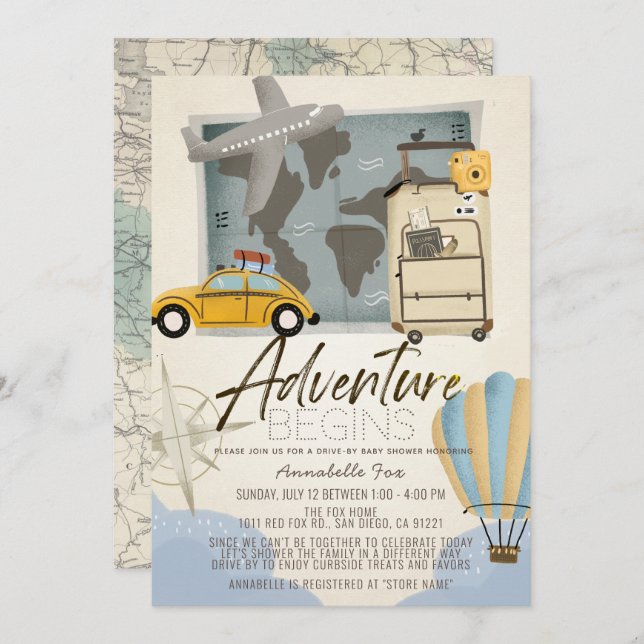 Adventure Begins Travel Map Drive-by Baby Shower Invitation (Front/Back)