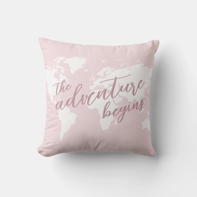 Adventure Begins Travel Theme Pink Cushion (Front)