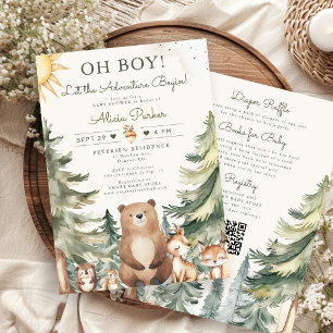 Adventure begins woodland forest boy baby shower invitation