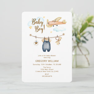 Adventure Boy Clothesline Airplane Sky Baby Shower Invitation