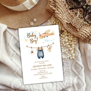 Adventure Boy Clothesline Airplane Sky Baby Shower Invitation