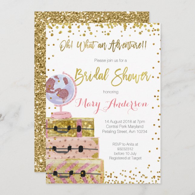 Adventure Bridal Shower Invitation Gold Glitter (Front/Back)