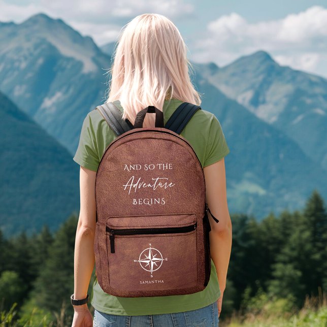 Adventure Brown Leather Travel Personalised Printed Backpack (Creator Uploaded)