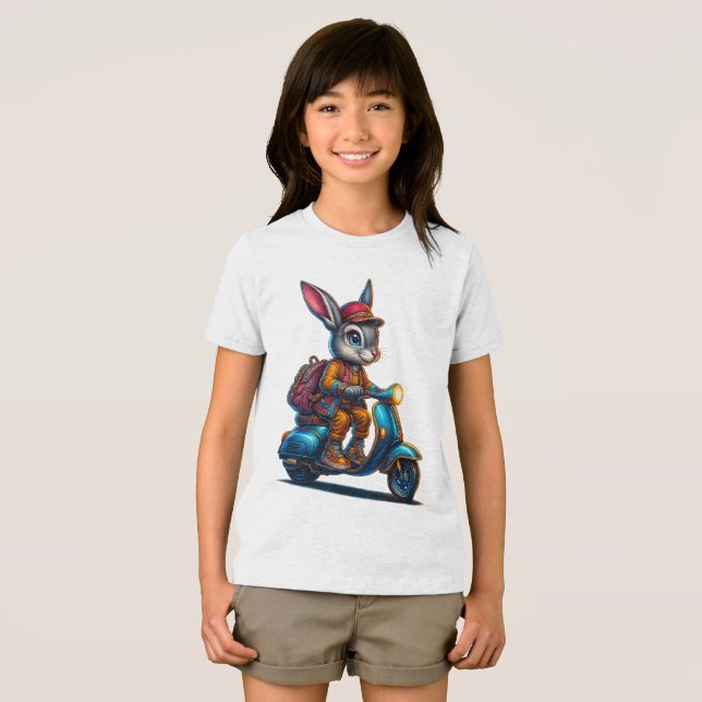 Adventure Bunny Kid’s Tee – Cute Rabbit on Scooter (Front Full)