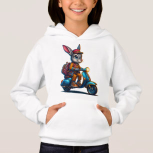 Adventure Bunny Kids Hoodie – Whimsical Scooter 