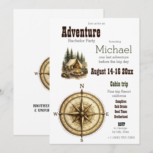 Adventure Cabin Trip Bachelor Party Rustic Camping Invitation (Front/Back)