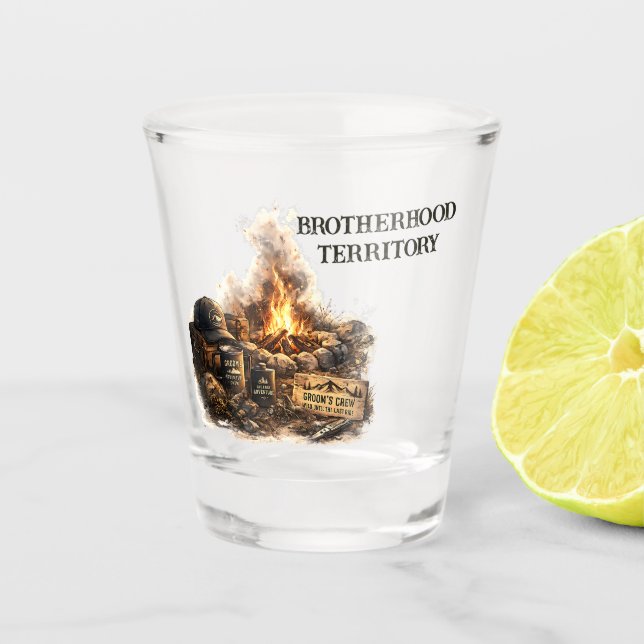 Adventure Cabin Trip Bachelor Party Rustic Camping Shot Glass (Front)