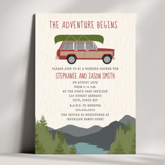 Adventure Canoe Wood Wagon Mountain Wedding Shower Invitation (Creator Uploaded)