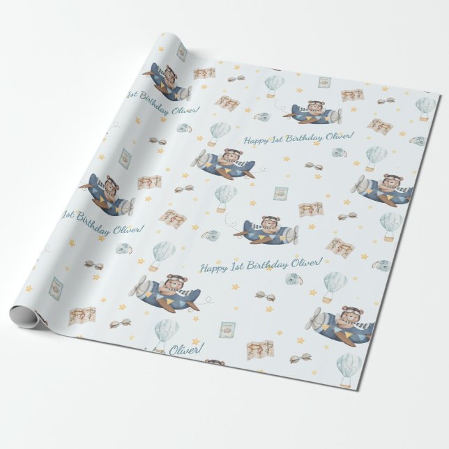 Adventure Cute Aviation Bear Blue Plane Custom Wrapping Paper (Unrolled)